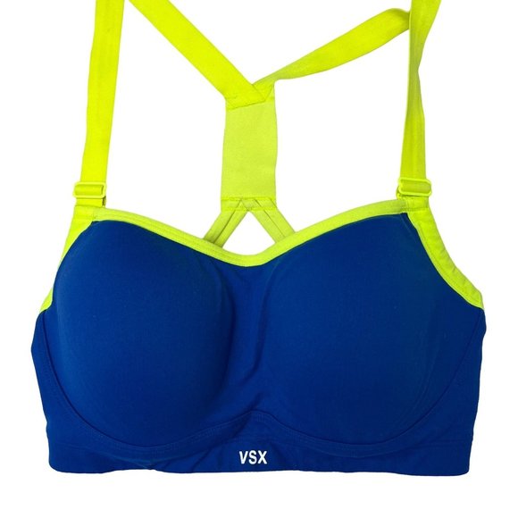 VICTORIA SECRET SPORT VSX Nylon Lycra Blue and Neon Yellow Padded Sports Bra 32D - Picture 1 of 12